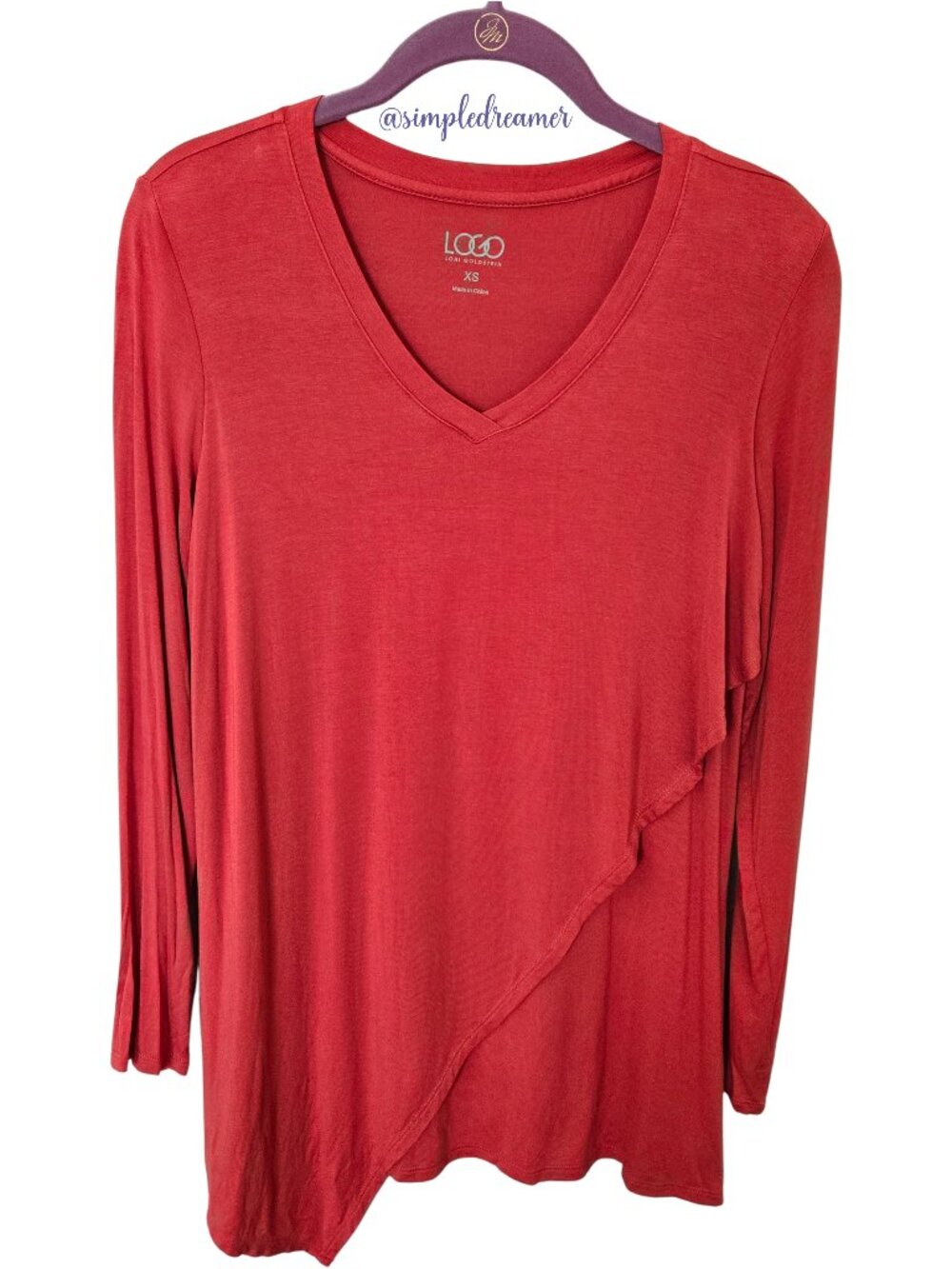 LOGO Lori Goldstein V-Neck Asymmetric Overlay Knit Top Blood Orange XS - Picture 6 of 13